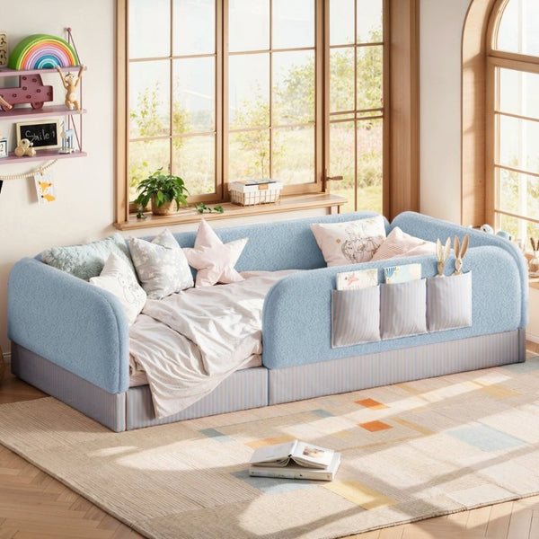 English Elm Twin Montessori Floor Bed Teddy Fleece Kids Frame with Surround Safety Rails and Storage Blue W1580P493497