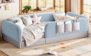 English Elm Twin Montessori Floor Bed Teddy Fleece Kids Frame with Surround Safety Rails and Storage Blue W1580P493497
