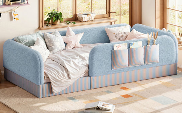 English Elm Twin Montessori Floor Bed Teddy Fleece Kids Frame with Surround Safety Rails and Storage Blue W1580P493497