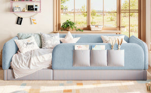 English Elm Twin Montessori Floor Bed Teddy Fleece Kids Frame with Surround Safety Rails and Storage Blue W1580P493497