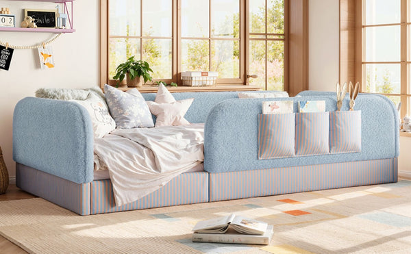 English Elm Twin Montessori Floor Bed Teddy Fleece Kids Frame with Surround Safety Rails and Storage Blue W1580P493497