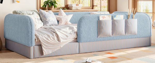 English Elm Twin Montessori Floor Bed Teddy Fleece Kids Frame with Surround Safety Rails and Storage Blue W1580P493497