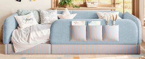 English Elm Twin Montessori Floor Bed Teddy Fleece Kids Frame with Surround Safety Rails and Storage Blue W1580P493497