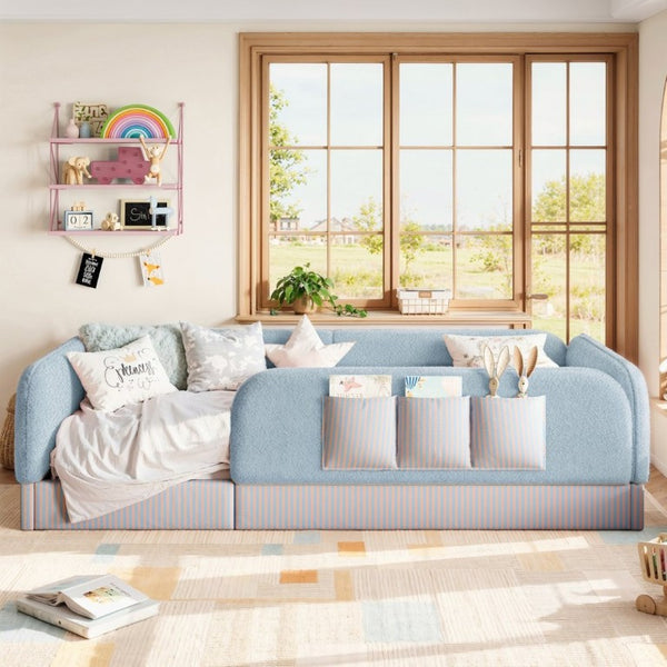 English Elm Twin Montessori Floor Bed Teddy Fleece Kids Frame with Surround Safety Rails and Storage Blue W1580P493497