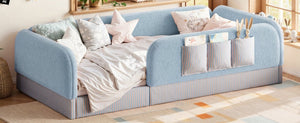 English Elm Twin Montessori Floor Bed Teddy Fleece Kids Frame with Surround Safety Rails and Storage Blue W1580P493497