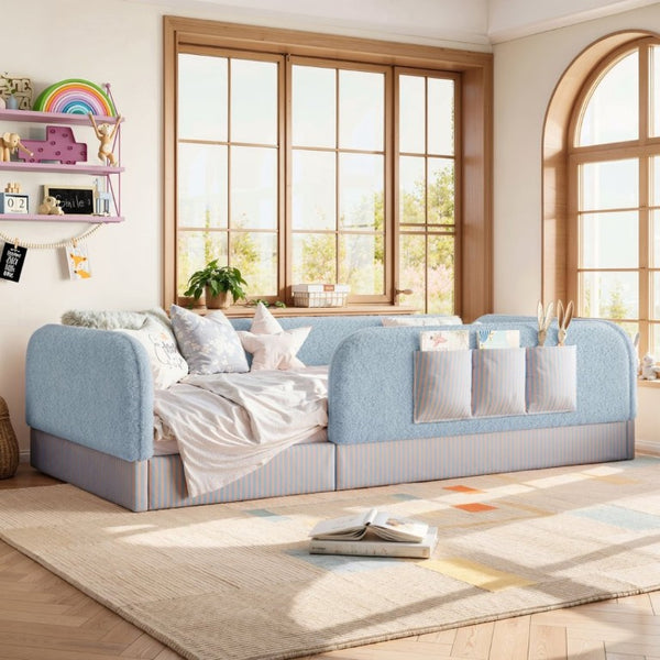 English Elm Twin Montessori Floor Bed Teddy Fleece Kids Frame with Surround Safety Rails and Storage Blue W1580P493497