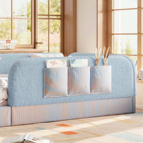 English Elm Twin Montessori Floor Bed Teddy Fleece Kids Frame with Surround Safety Rails and Storage Blue W1580P493497