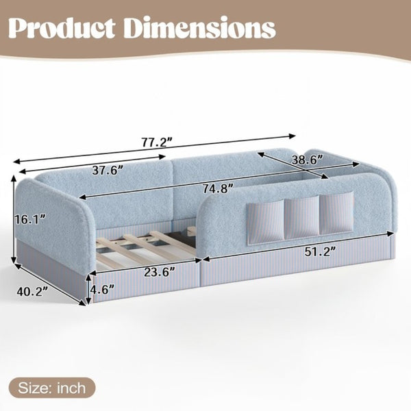 English Elm Twin Montessori Floor Bed Teddy Fleece Kids Frame with Surround Safety Rails and Storage Blue W1580P493497