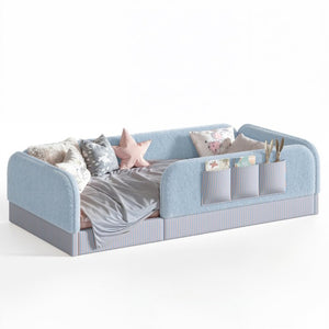 English Elm Twin Montessori Floor Bed Teddy Fleece Kids Frame with Surround Safety Rails and Storage Blue W1580P493497
