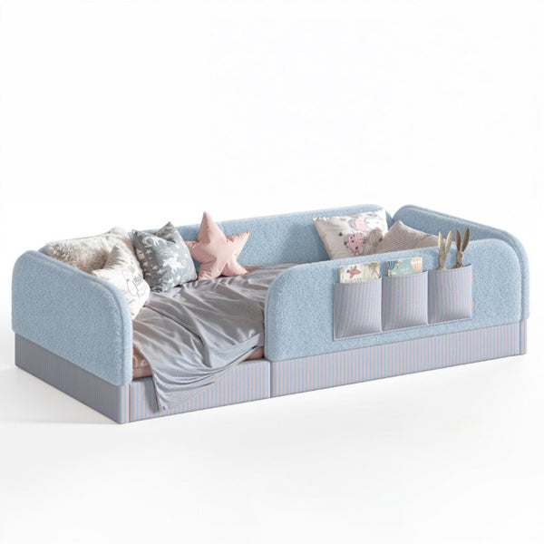 English Elm Twin Montessori Floor Bed Teddy Fleece Kids Frame with Surround Safety Rails and Storage Blue W1580P493497
