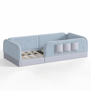 English Elm Twin Montessori Floor Bed Teddy Fleece Kids Frame with Surround Safety Rails and Storage Blue W1580P493497