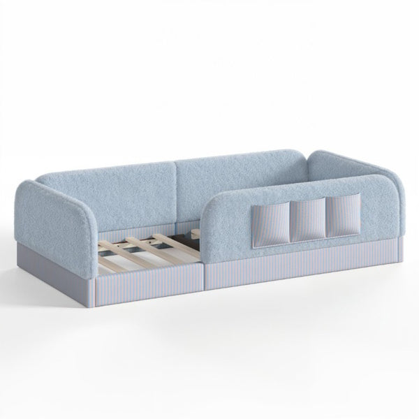English Elm Twin Montessori Floor Bed Teddy Fleece Kids Frame with Surround Safety Rails and Storage Blue W1580P493497