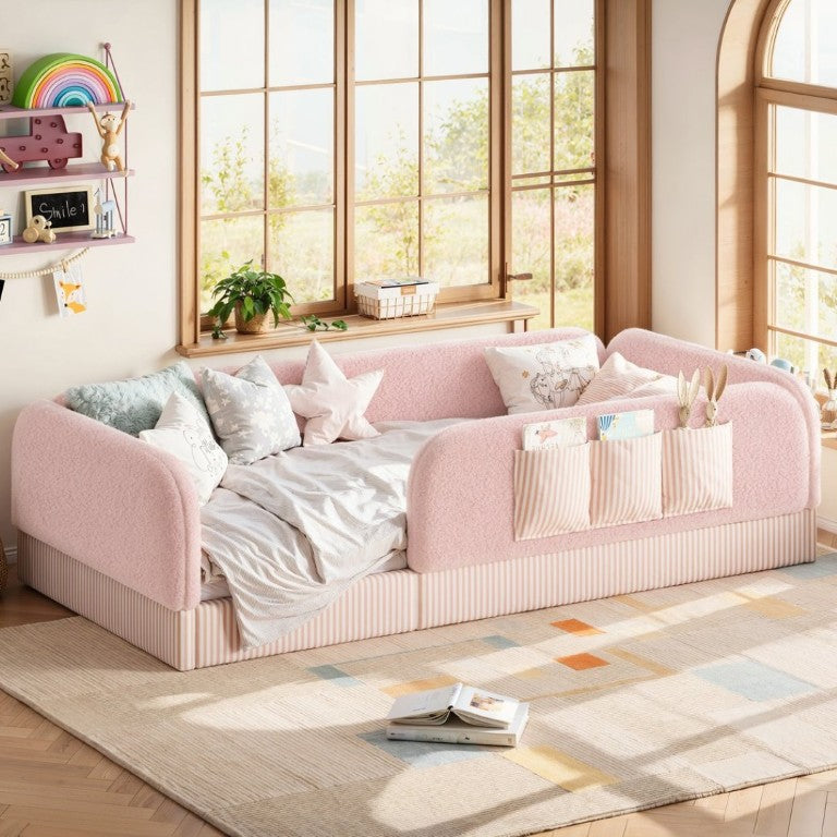 English Elm Twin Montessori Floor Bed Teddy Fleece Kids Frame with Surround Safety Rails and Storage Pink W1580P493504