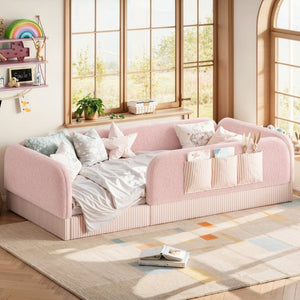 English Elm Twin Montessori Floor Bed Teddy Fleece Kids Frame with Surround Safety Rails and Storage Pink W1580P493504