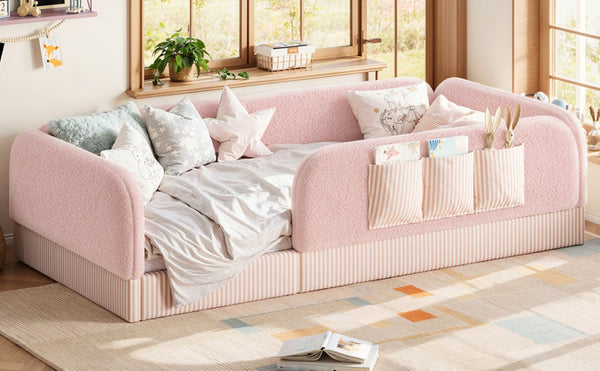 English Elm Twin Montessori Floor Bed Teddy Fleece Kids Frame with Surround Safety Rails and Storage Pink W1580P493504