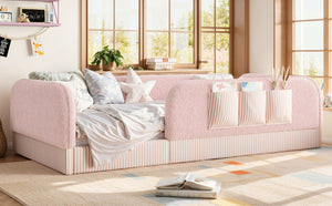 English Elm Twin Montessori Floor Bed Teddy Fleece Kids Frame with Surround Safety Rails and Storage Pink W1580P493504
