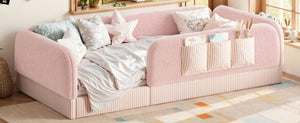 English Elm Twin Montessori Floor Bed Teddy Fleece Kids Frame with Surround Safety Rails and Storage Pink W1580P493504