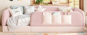 English Elm Twin Montessori Floor Bed Teddy Fleece Kids Frame with Surround Safety Rails and Storage Pink W1580P493504