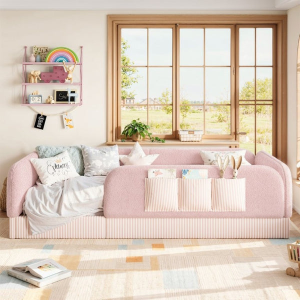 English Elm Twin Montessori Floor Bed Teddy Fleece Kids Frame with Surround Safety Rails and Storage Pink W1580P493504