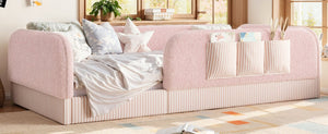 English Elm Twin Montessori Floor Bed Teddy Fleece Kids Frame with Surround Safety Rails and Storage Pink W1580P493504