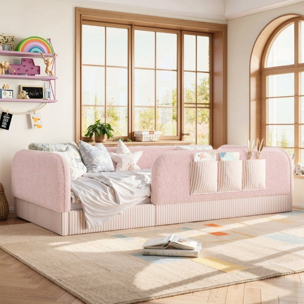 English Elm Twin Montessori Floor Bed Teddy Fleece Kids Frame with Surround Safety Rails and Storage Pink W1580P493504