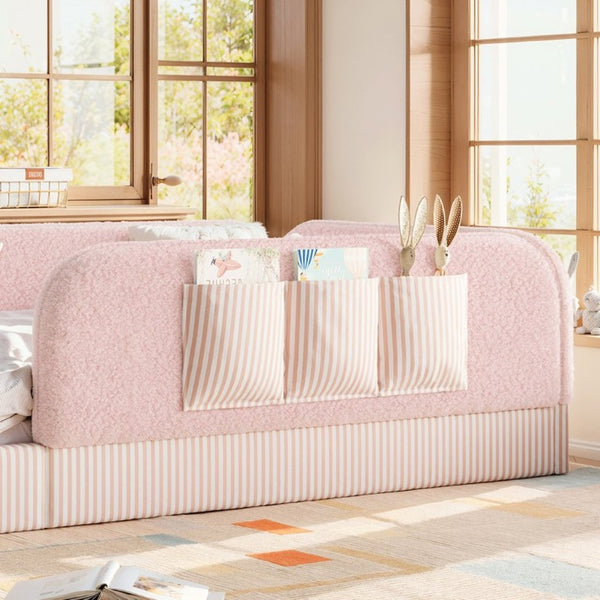 English Elm Twin Montessori Floor Bed Teddy Fleece Kids Frame with Surround Safety Rails and Storage Pink W1580P493504