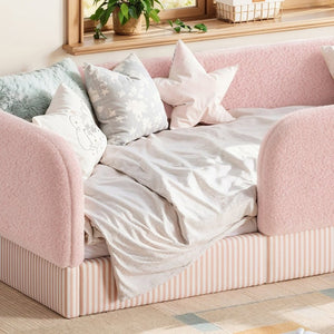 English Elm Twin Montessori Floor Bed Teddy Fleece Kids Frame with Surround Safety Rails and Storage Pink W1580P493504