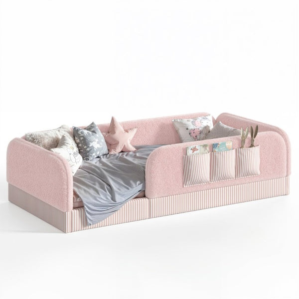 English Elm Twin Montessori Floor Bed Teddy Fleece Kids Frame with Surround Safety Rails and Storage Pink W1580P493504