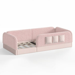 English Elm Twin Montessori Floor Bed Teddy Fleece Kids Frame with Surround Safety Rails and Storage Pink W1580P493504
