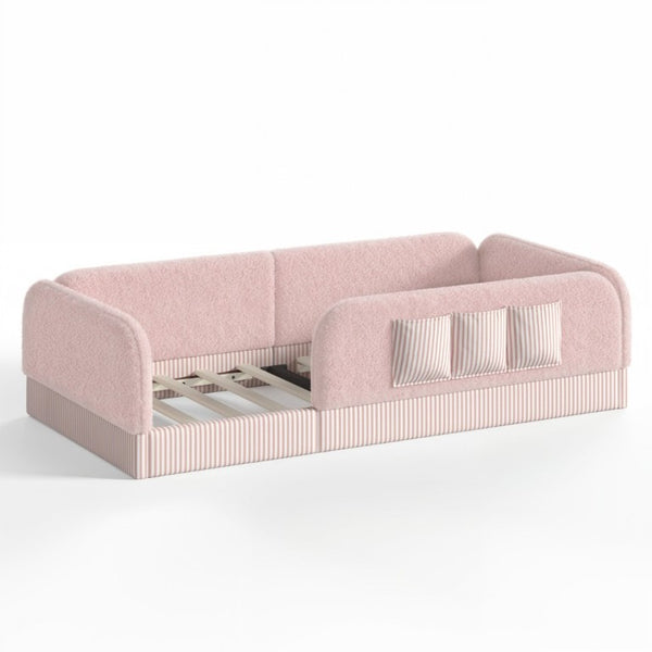 English Elm Twin Montessori Floor Bed Teddy Fleece Kids Frame with Surround Safety Rails and Storage Pink W1580P493504