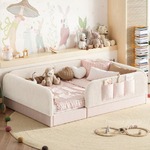 English Elm Full Montessori Floor Bed with Plush Teddy Fleece Frame Padded Rails and Side Pocket Beige W1580P493507