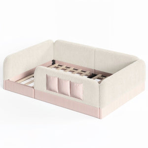 English Elm Full Montessori Floor Bed with Plush Teddy Fleece Frame Padded Rails and Side Pocket Beige W1580P493507