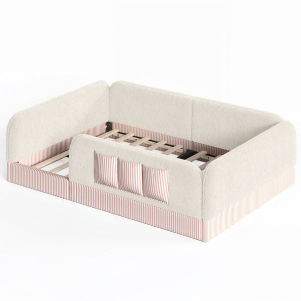 English Elm Full Montessori Floor Bed with Plush Teddy Fleece Frame Padded Rails and Side Pocket Beige W1580P493507