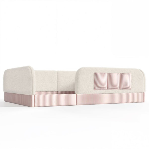 English Elm Full Montessori Floor Bed with Plush Teddy Fleece Frame Padded Rails and Side Pocket Beige W1580P493507
