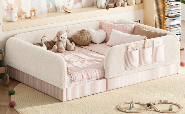 English Elm Full Montessori Floor Bed with Plush Teddy Fleece Frame Padded Rails and Side Pocket Beige W1580P493507