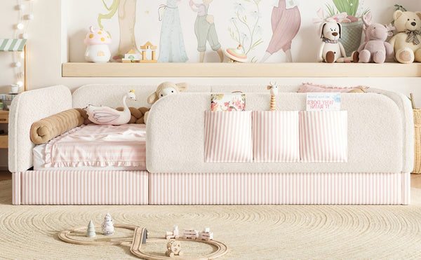 English Elm Full Montessori Floor Bed with Plush Teddy Fleece Frame Padded Rails and Side Pocket Beige W1580P493507