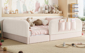 English Elm Full Montessori Floor Bed with Plush Teddy Fleece Frame Padded Rails and Side Pocket Beige W1580P493507
