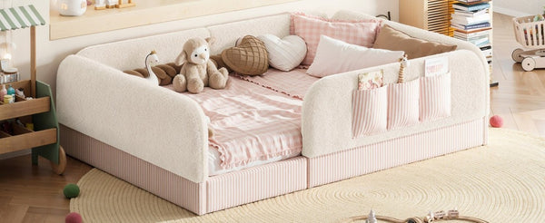 English Elm Full Montessori Floor Bed with Plush Teddy Fleece Frame Padded Rails and Side Pocket Beige W1580P493507