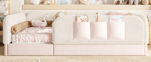 English Elm Full Montessori Floor Bed with Plush Teddy Fleece Frame Padded Rails and Side Pocket Beige W1580P493507