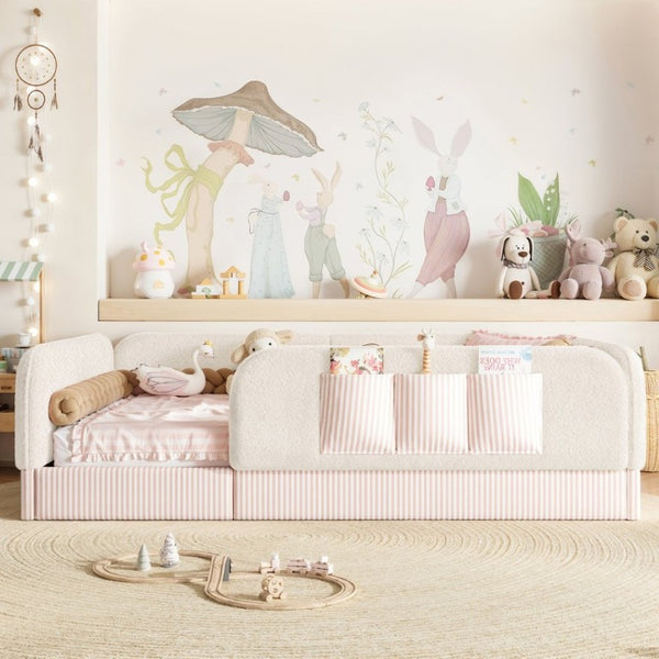 English Elm Full Montessori Floor Bed with Plush Teddy Fleece Frame Padded Rails and Side Pocket Beige W1580P493507