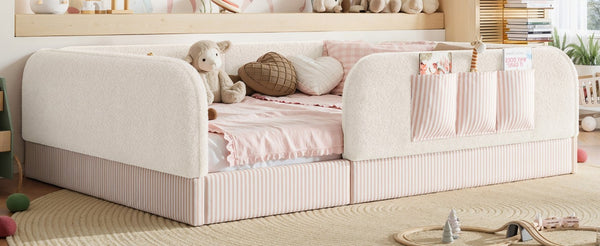 English Elm Full Montessori Floor Bed with Plush Teddy Fleece Frame Padded Rails and Side Pocket Beige W1580P493507