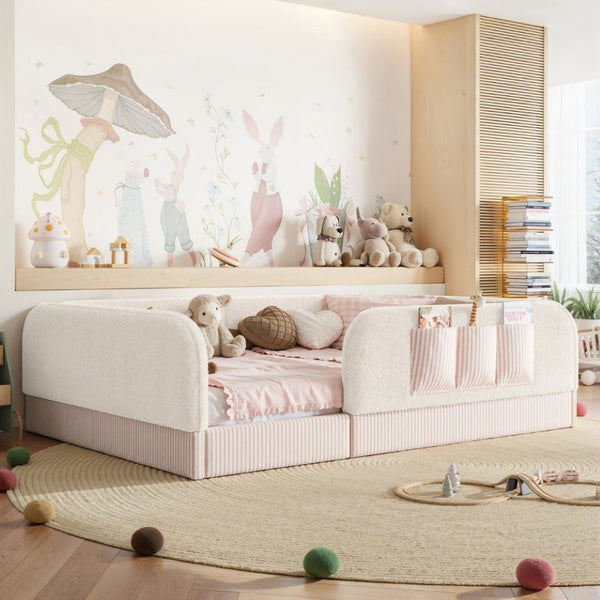 English Elm Full Montessori Floor Bed with Plush Teddy Fleece Frame Padded Rails and Side Pocket Beige W1580P493507
