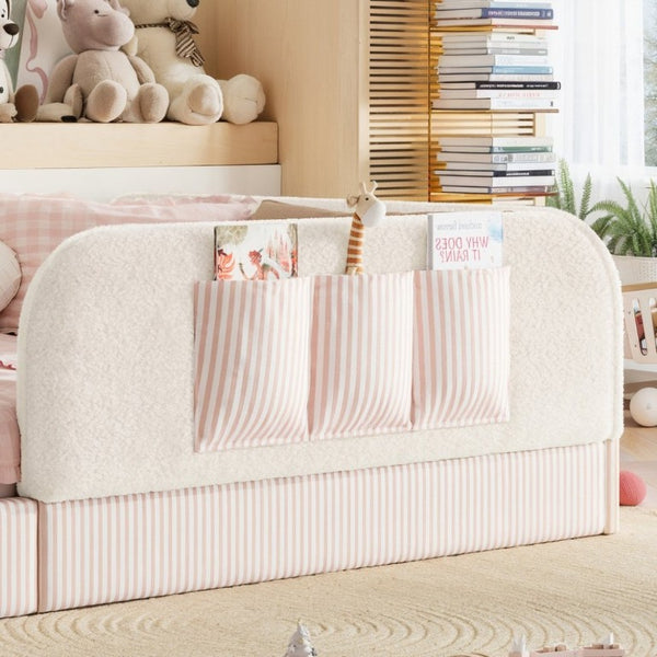 English Elm Full Montessori Floor Bed with Plush Teddy Fleece Frame Padded Rails and Side Pocket Beige W1580P493507