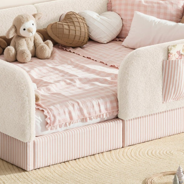 English Elm Full Montessori Floor Bed with Plush Teddy Fleece Frame Padded Rails and Side Pocket Beige W1580P493507