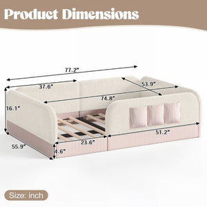 English Elm Full Montessori Floor Bed with Plush Teddy Fleece Frame Padded Rails and Side Pocket Beige W1580P493507