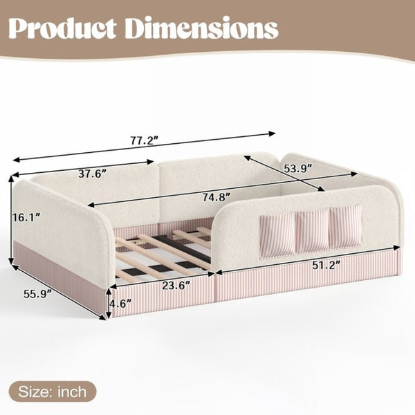 English Elm Full Montessori Floor Bed with Plush Teddy Fleece Frame Padded Rails and Side Pocket Beige W1580P493507