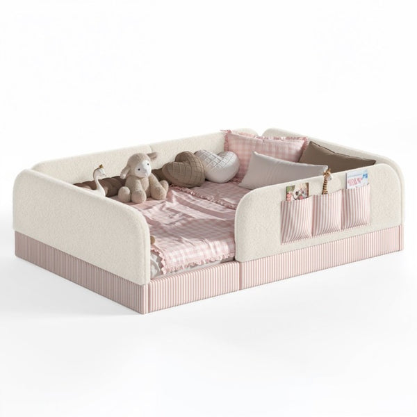 English Elm Full Montessori Floor Bed with Plush Teddy Fleece Frame Padded Rails and Side Pocket Beige W1580P493507