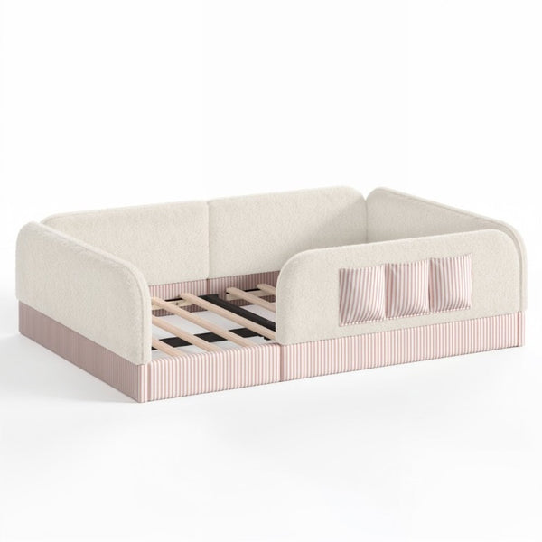 English Elm Full Montessori Floor Bed with Plush Teddy Fleece Frame Padded Rails and Side Pocket Beige W1580P493507