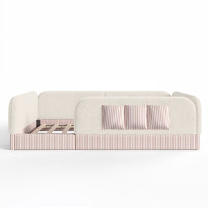 English Elm Full Montessori Floor Bed with Plush Teddy Fleece Frame Padded Rails and Side Pocket Beige W1580P493507