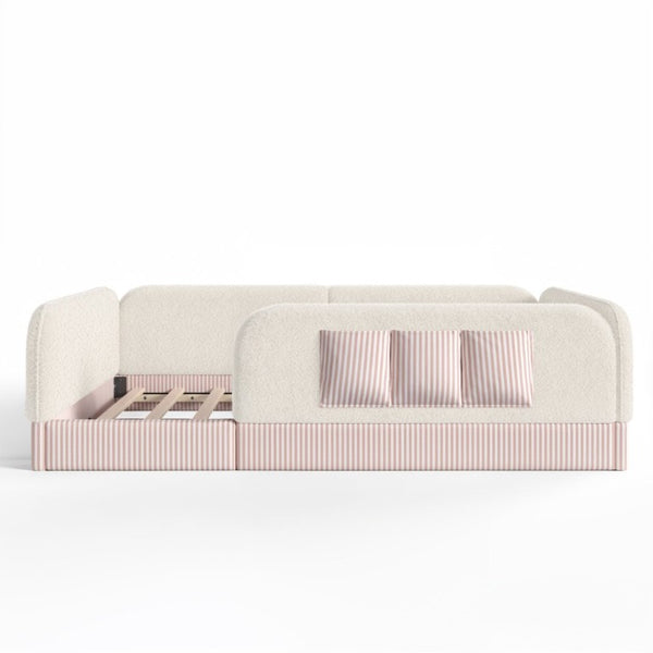English Elm Full Montessori Floor Bed with Plush Teddy Fleece Frame Padded Rails and Side Pocket Beige W1580P493507